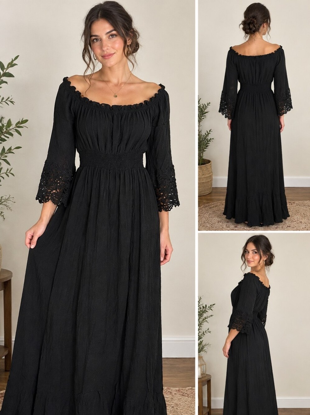 Black Off The Shoulder Crochet Lace Bell Sleeve Maxi Dress Boho 1XL